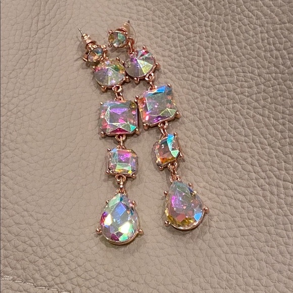 Rhinestone Statement Earrings Aurora Borealis VERY sparkly Spring Rose Gold Tone - Picture 4 of 16